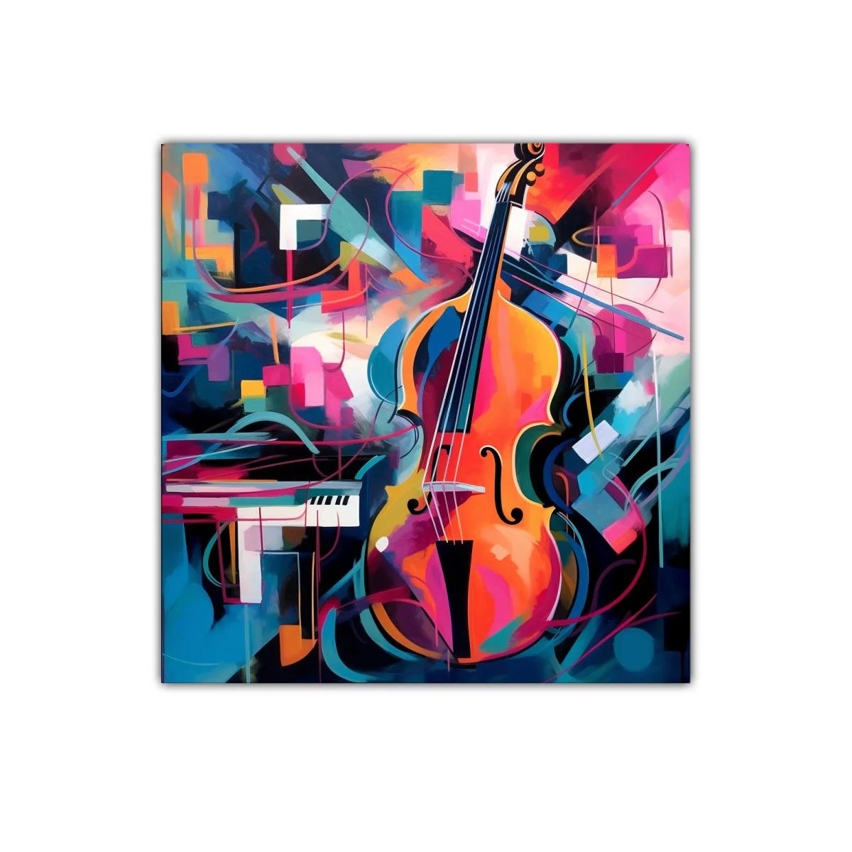 Cuadro decorativo con violonchelo en explosión de colores vibrantes