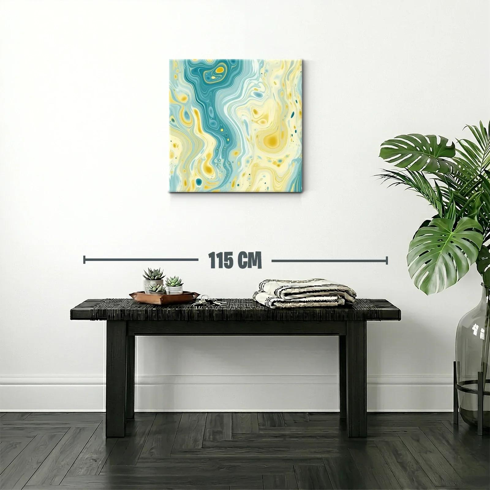 Cuadro abstracto con fluidas formas y tonos aqua y amarillo — miniatura 2