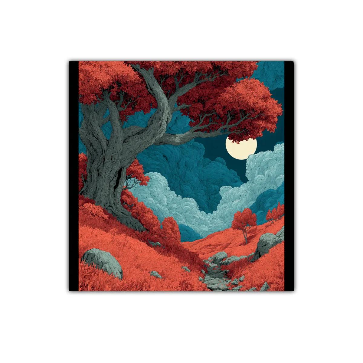 Paisaje mágico con árbol rojo y luna llena brillante