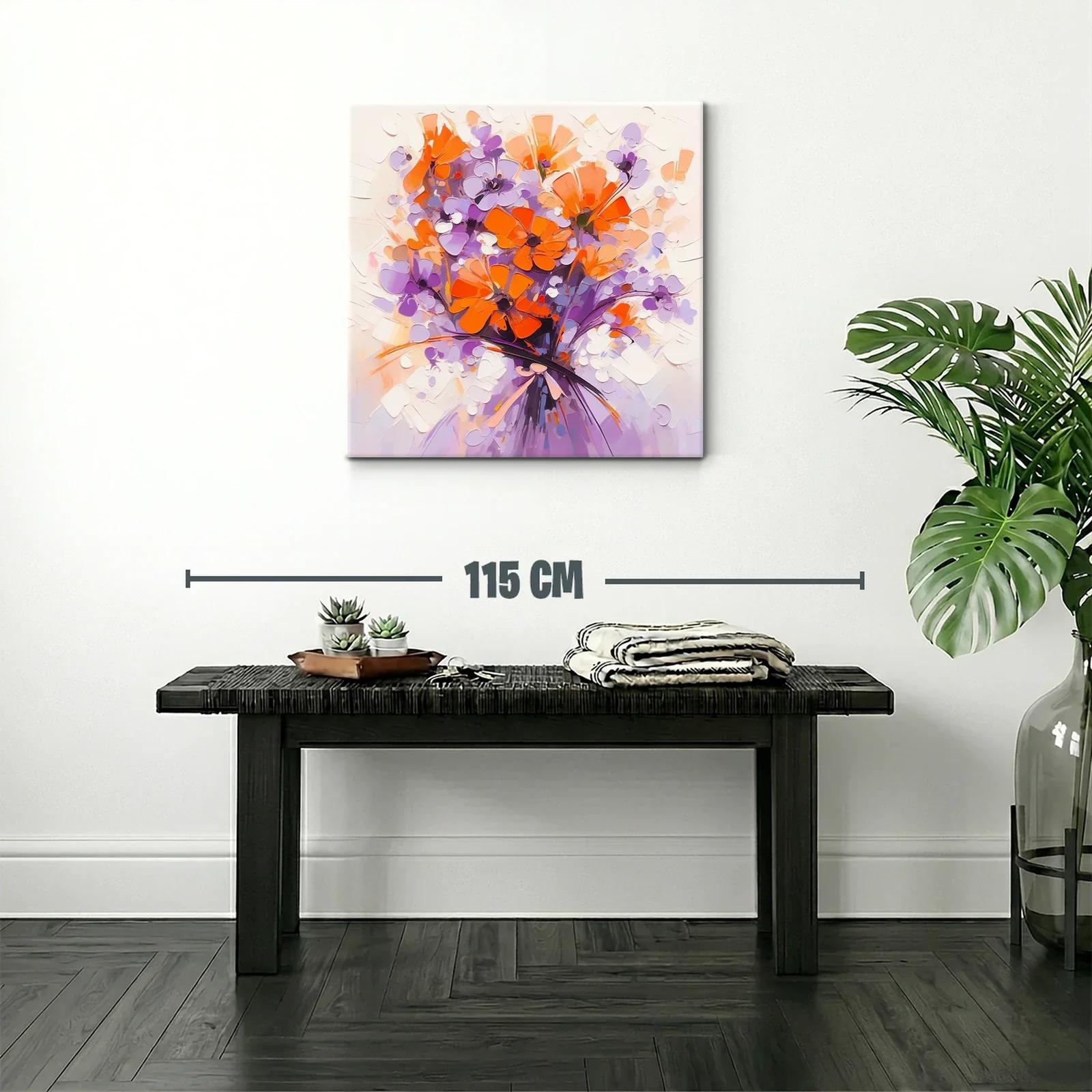 Ramo vibrante con flores naranjas y lilas en composición moderna — miniatura 2