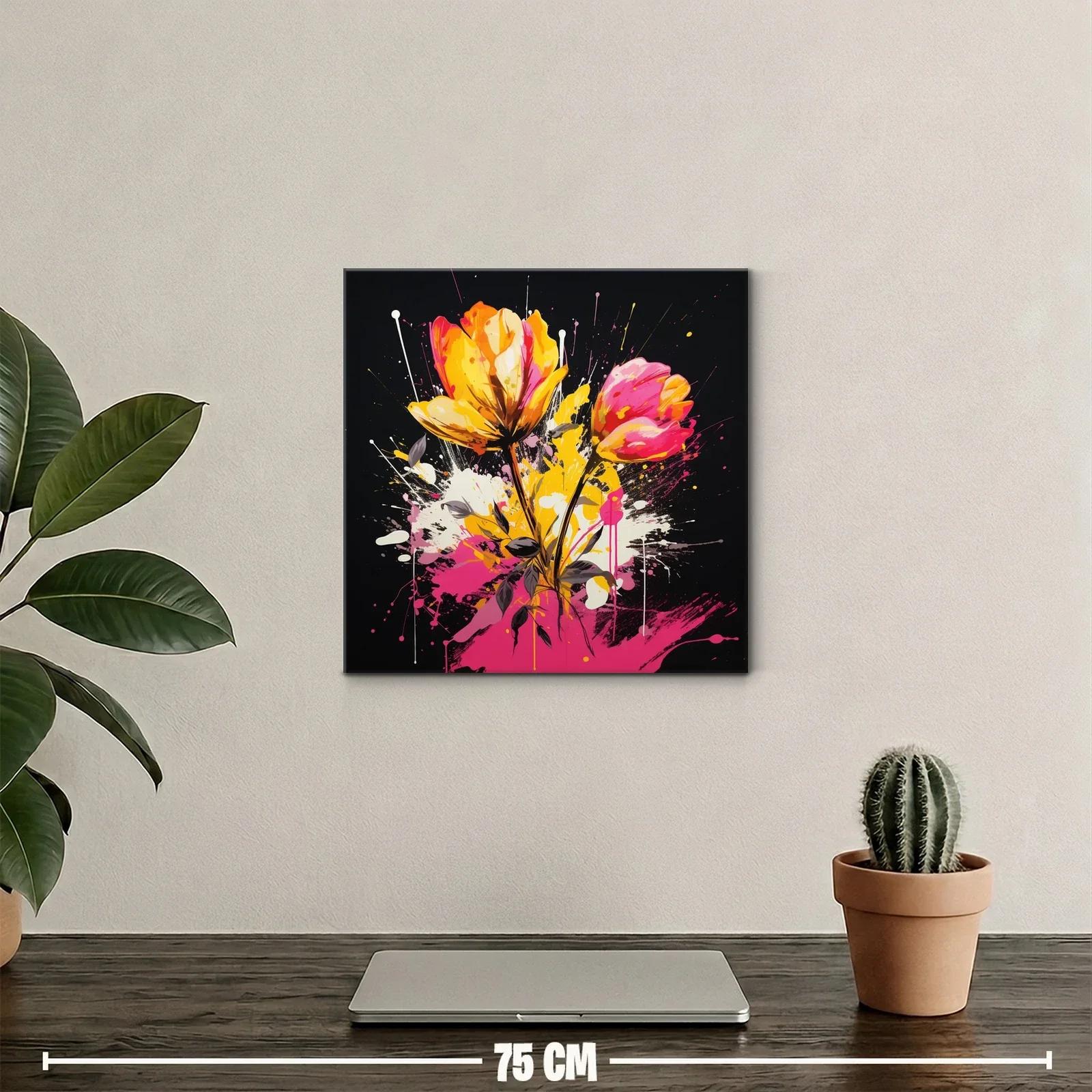 Cuadro floral vibrante con tonos rosas y amarillos intensos — miniatura 2