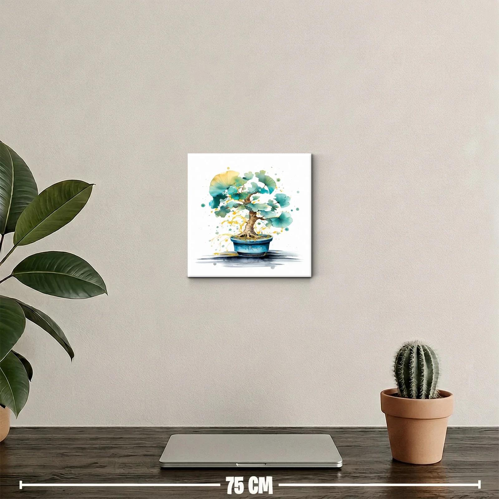 Cuadro decorativo con bonsái y hojas verdes en tonos acuarela — miniatura 2