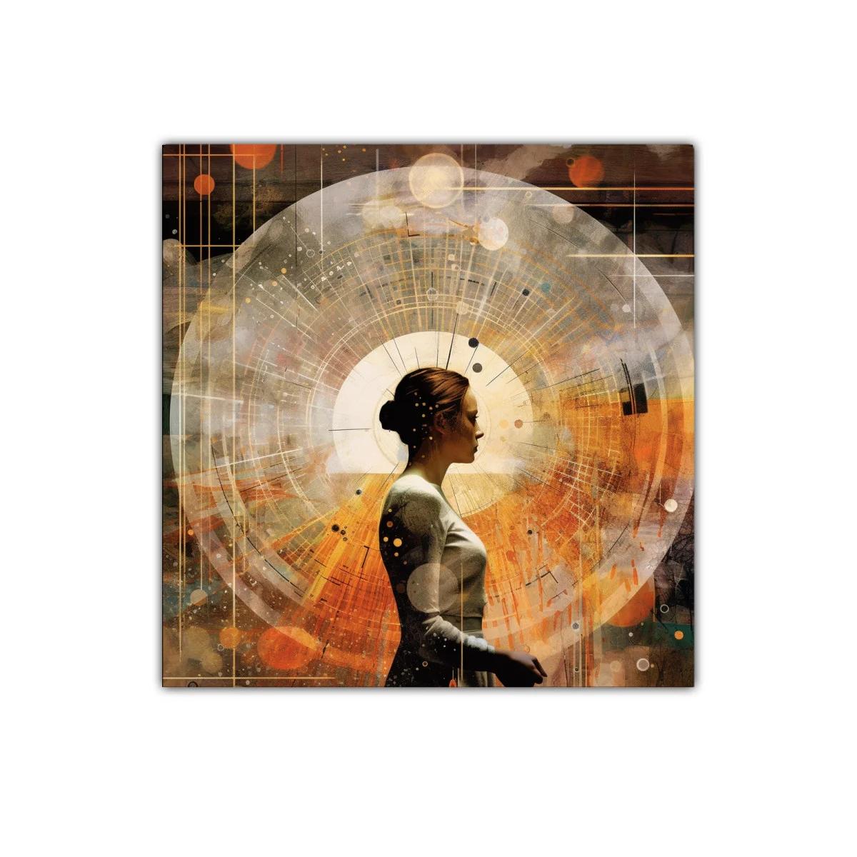Figura femenina con halo geométrico en tonos cálidos — imagen principal
