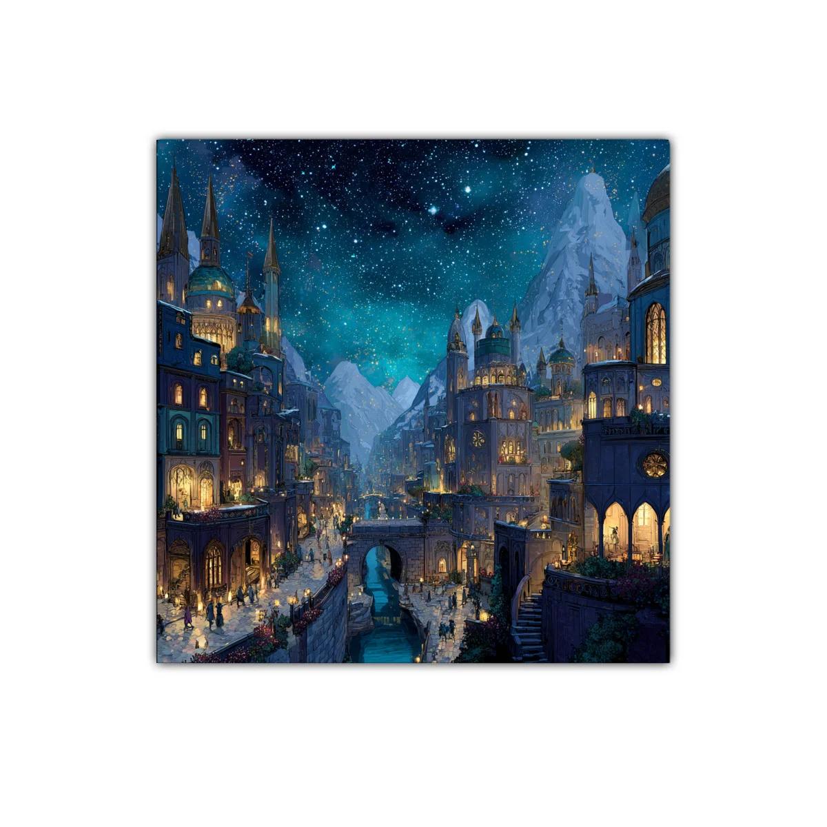 Ciudad fantástica nocturna bajo un cielo estrellado brillante — imagen principal