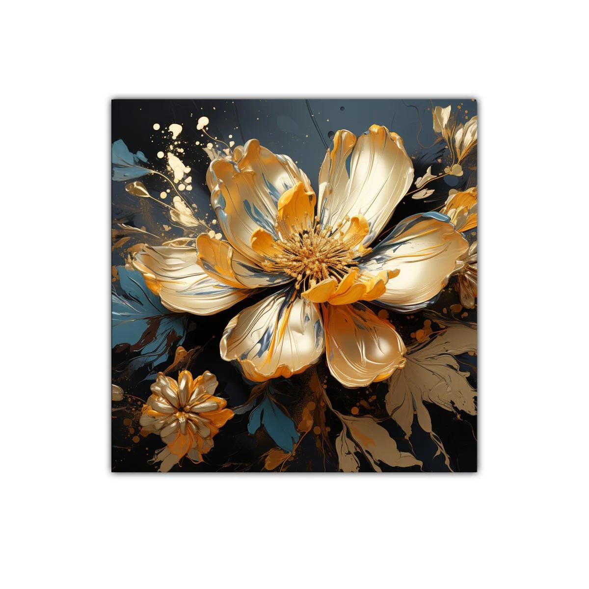 Flor dorada con reflejos metálicos sobre fondo oscuro — imagen principal