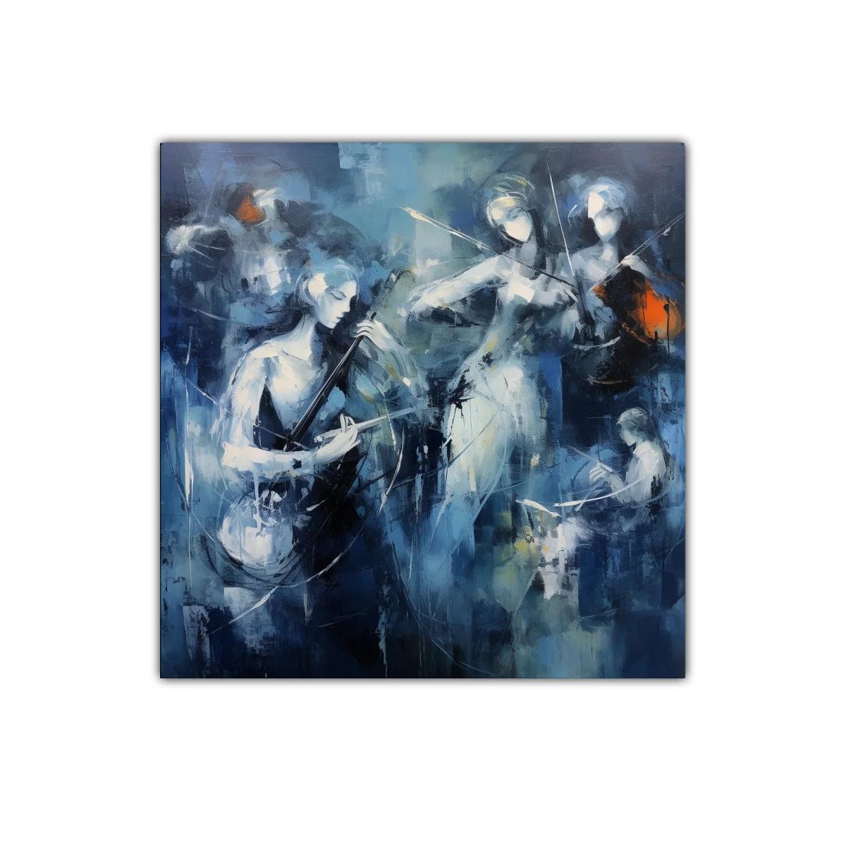 Cuadro con músicos tocando violines en tonos azules y toques naranjas — imagen principal