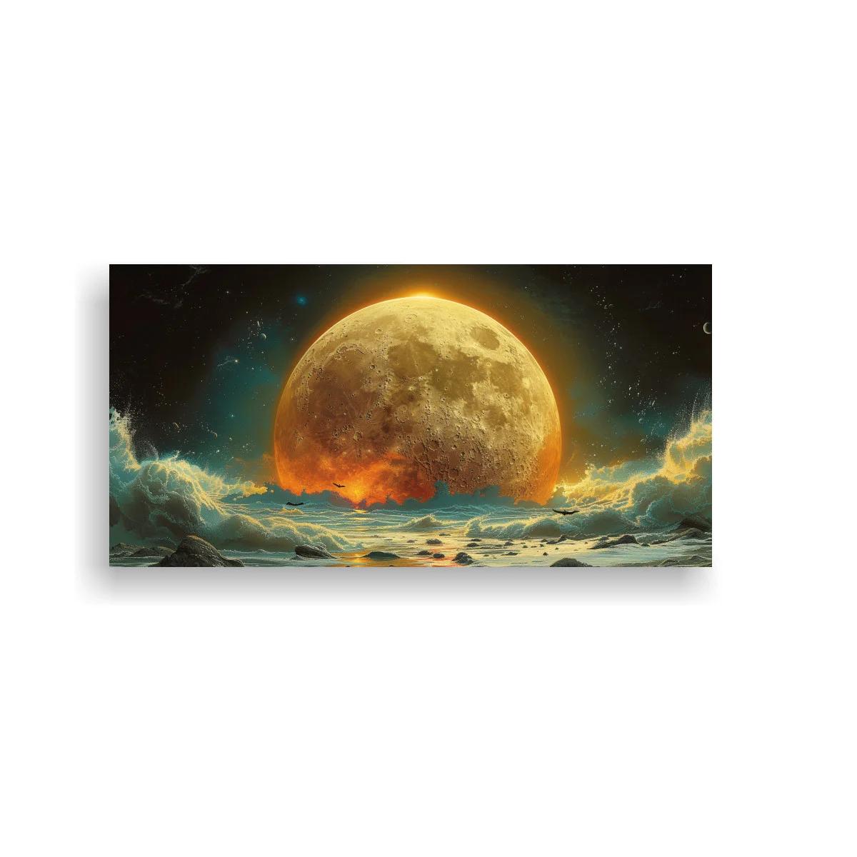 Cuadro luna llena sobre el mar con orilla rocosa