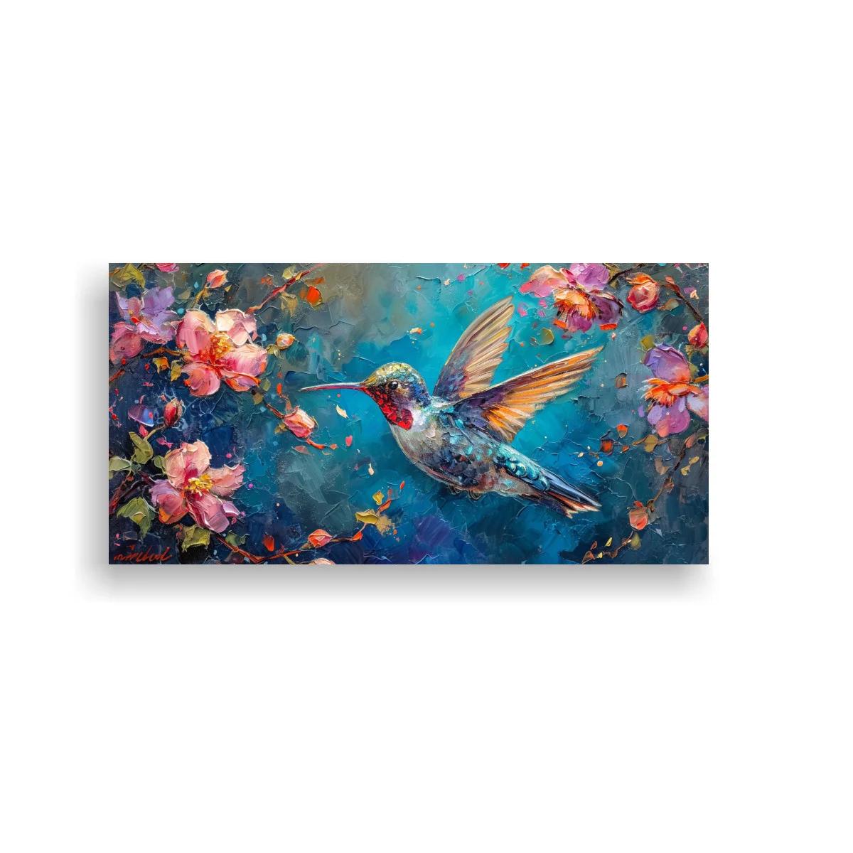Cuadro colibrí azul turquesa entre flores rosadas