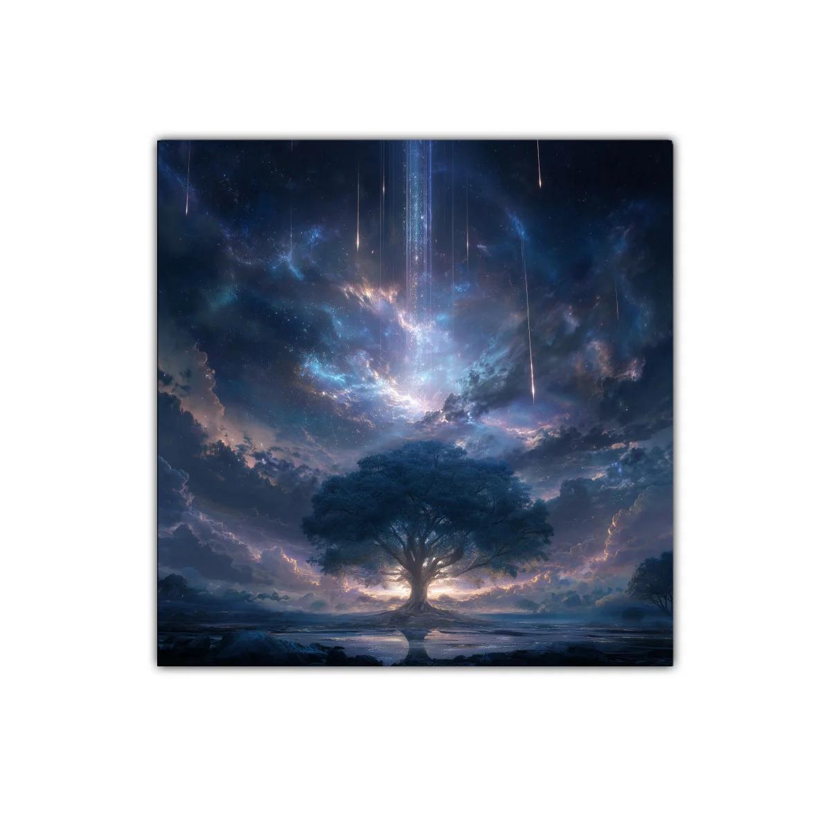 Árbol místico bajo un cielo estrellado con meteoros
