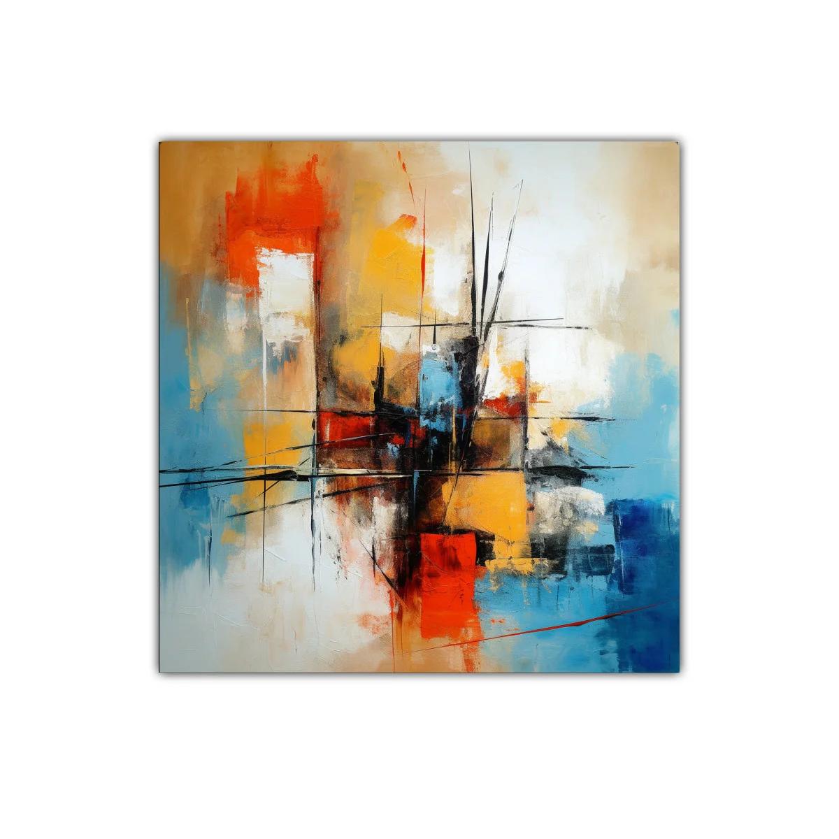 Cuadro abstracto con vibrantes tonos cálidos y fríos contrastantes