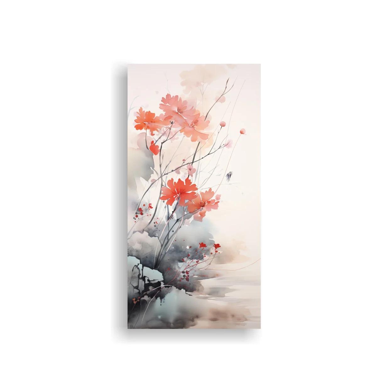 Cuadro flores coral tipo cosmos con tinta gris