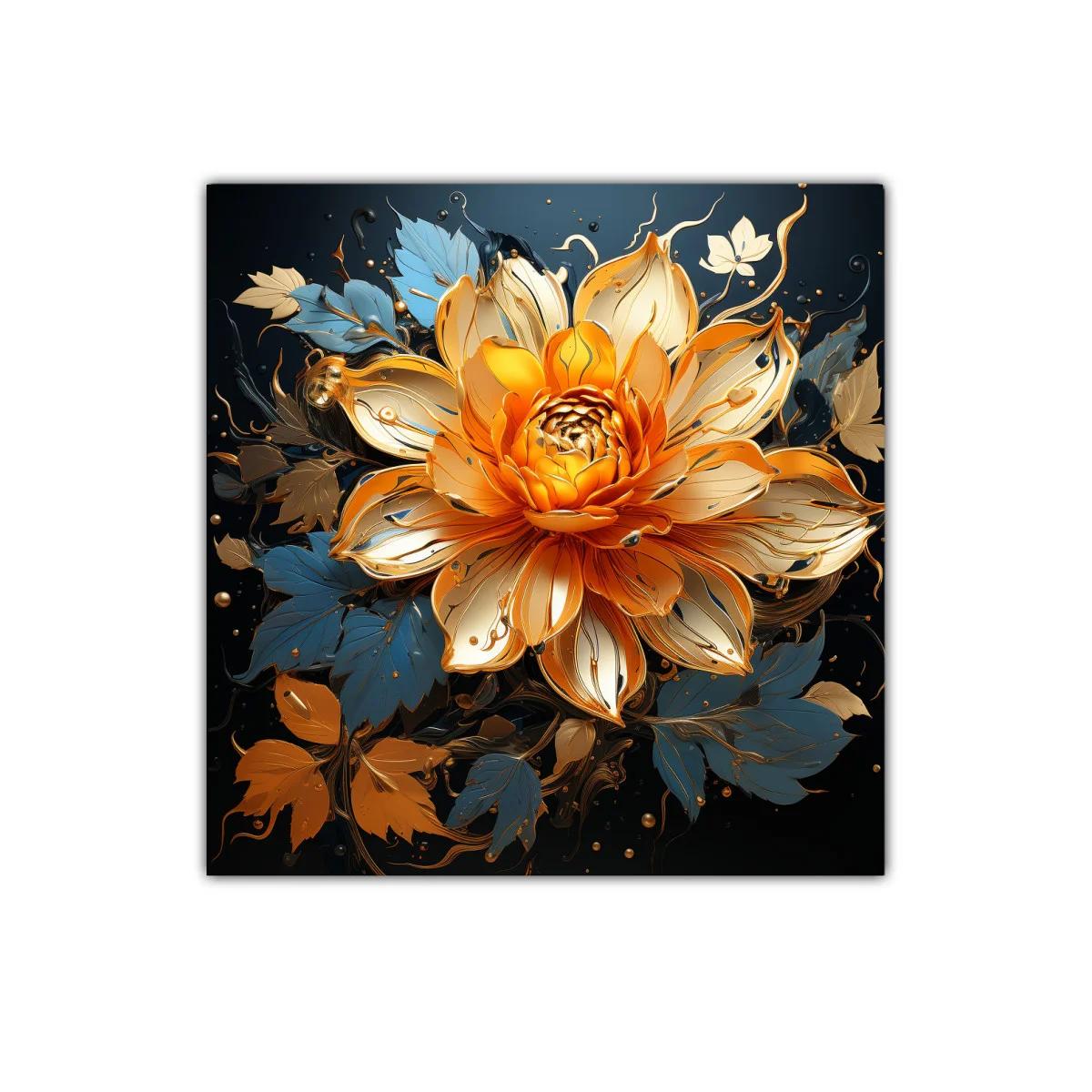 Flor vibrante con hojas en tonos dorados y azul profundo — imagen principal