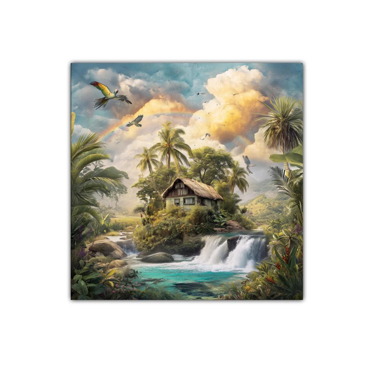 Refugio tropical con cascada y arcoíris en paisaje exuberante — imagen principal
