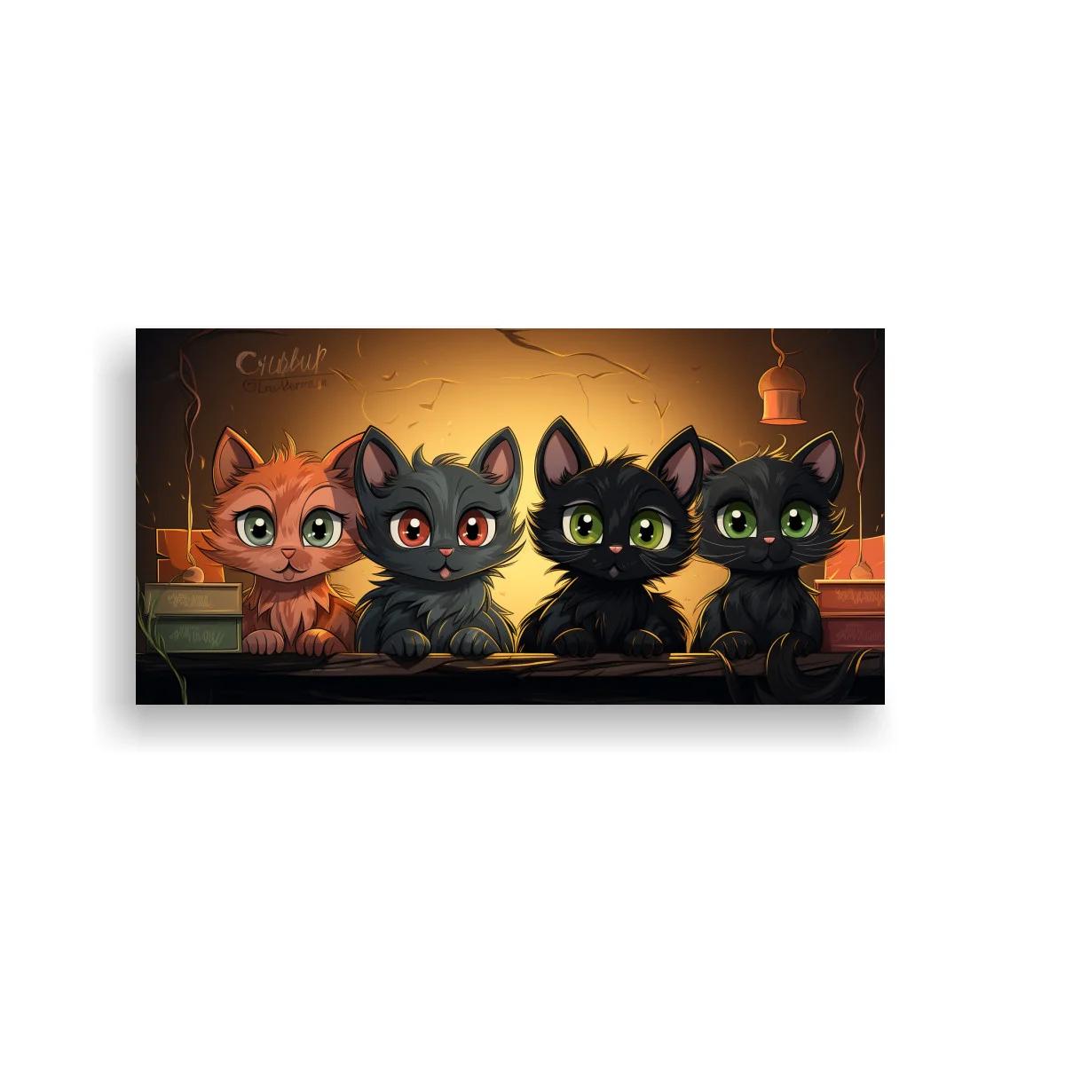 Cuadro cuatro gatitos sobre libros con luz cálida