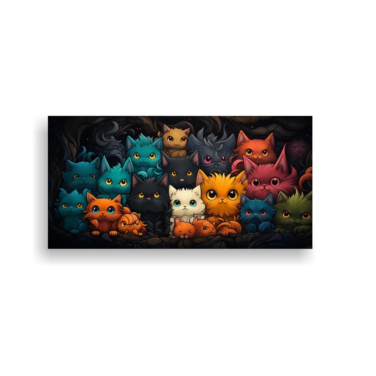 Cuadro grupo de gatitos de colores sobre fondo oscuro