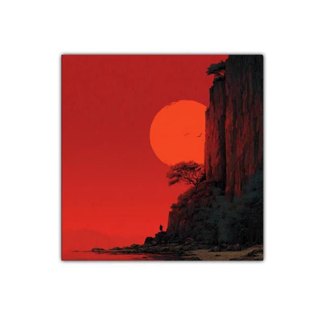 Paisaje dramático con sol rojo y acantilados rocosos