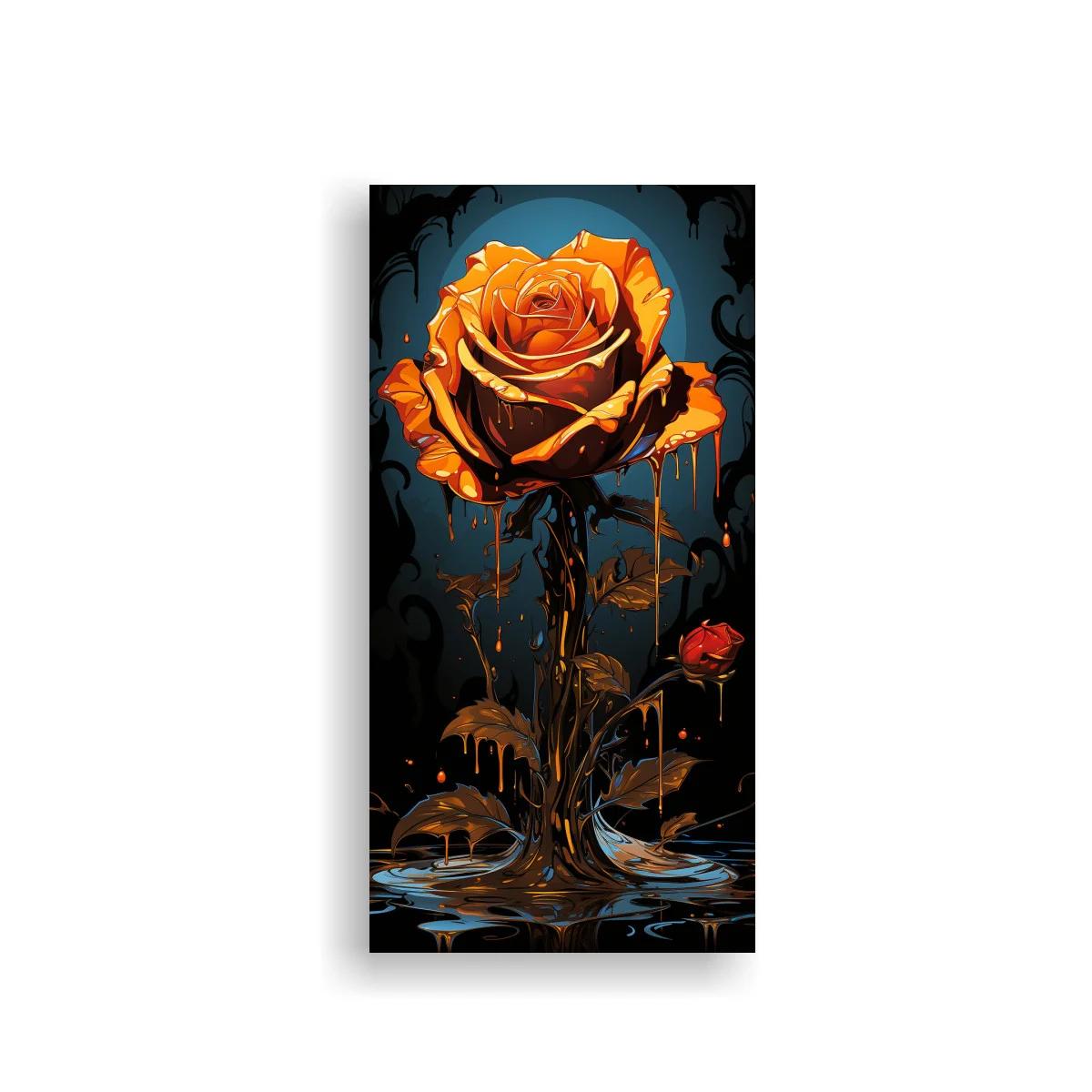 Cuadro rosa naranja con goteos sobre fondo negro