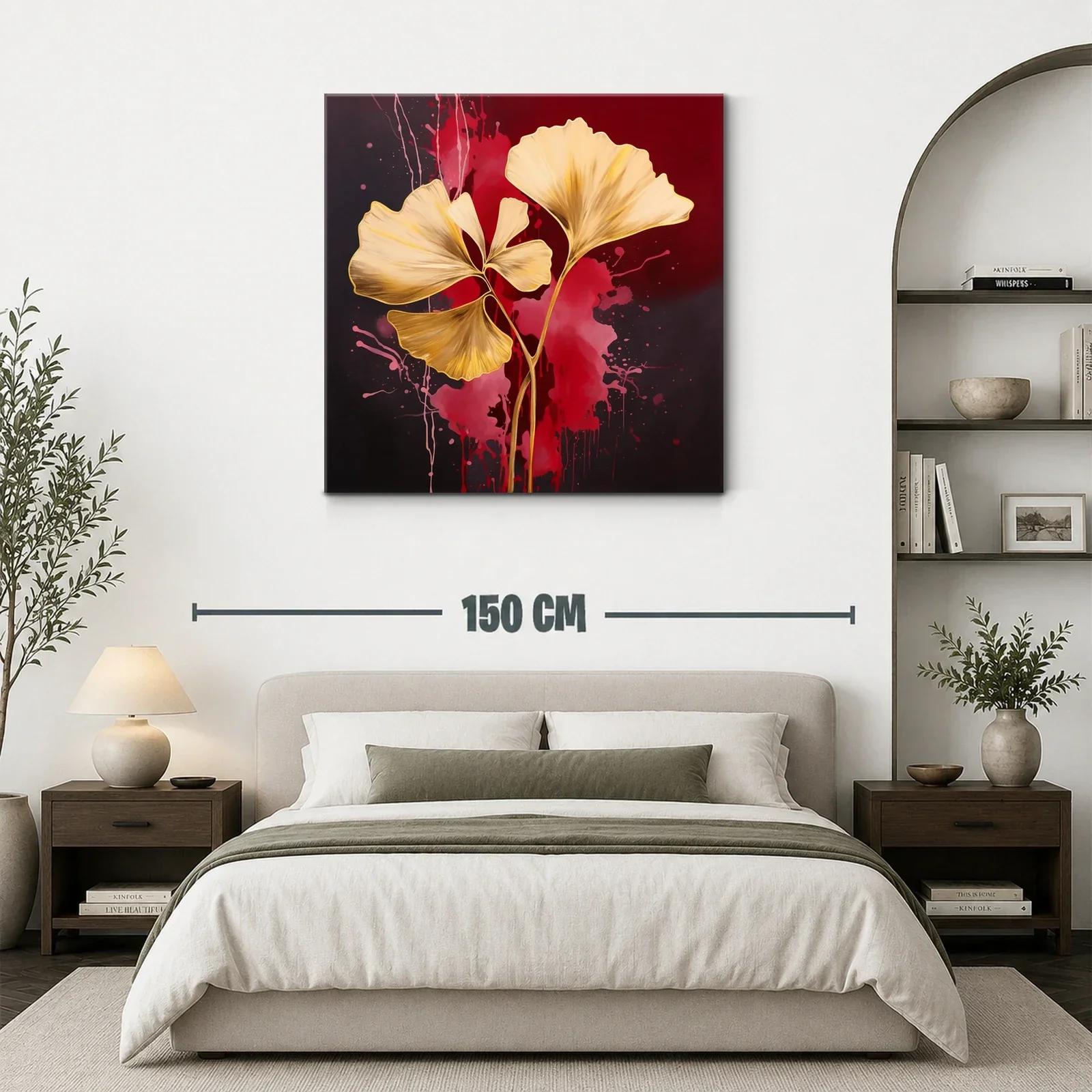 Elegancia dorada con hojas abstractas sobre fondo rojo intenso — miniatura 3