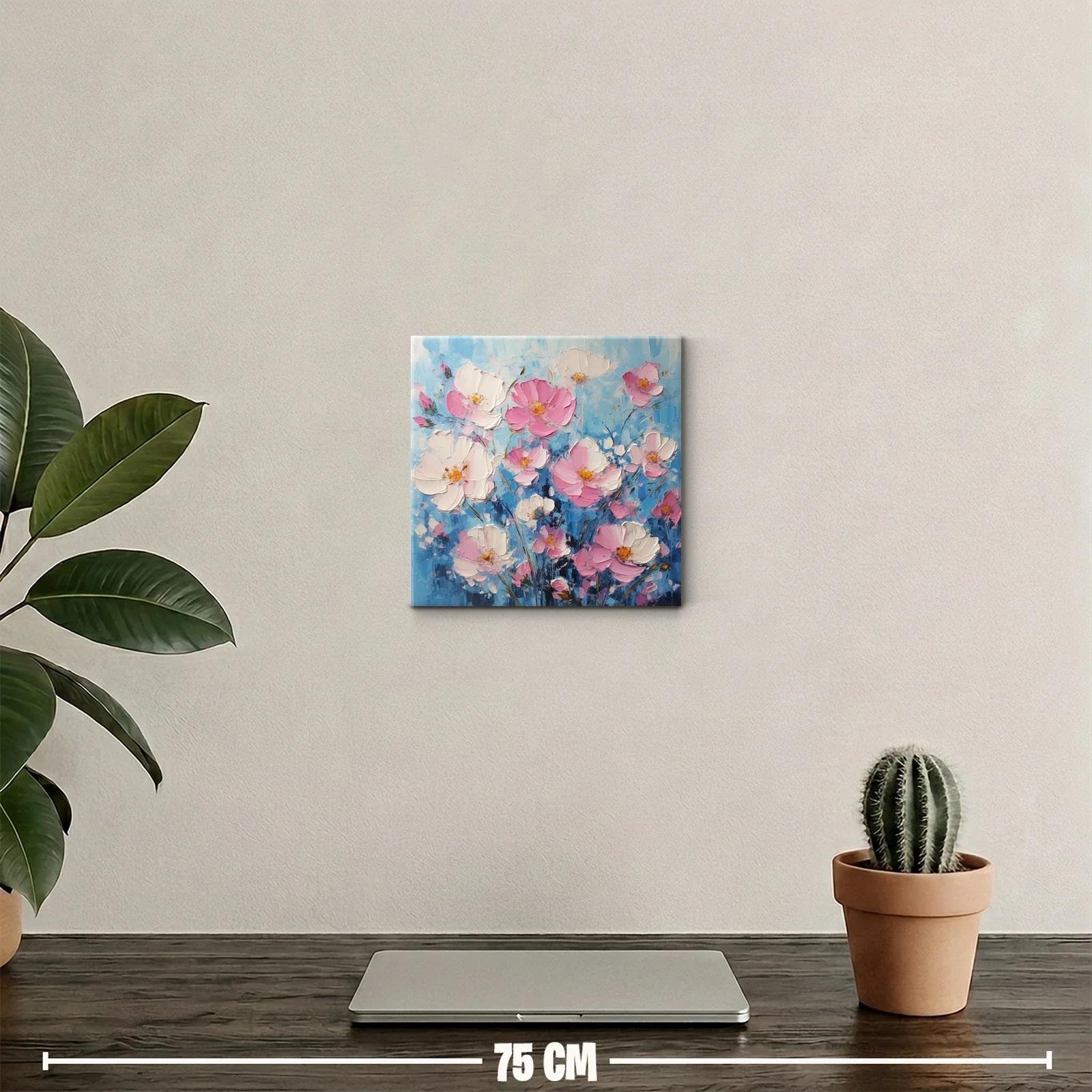 Cuadro decorativo con delicadas flores rosas y blancas sobre fondo azul — miniatura 2