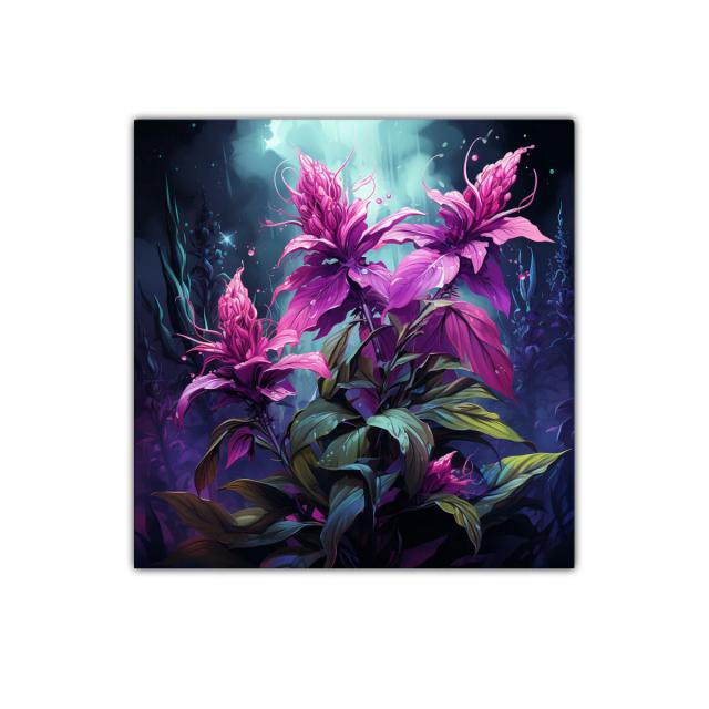 Flores vibrantes en tonos morados y verdes en ambiente nocturno