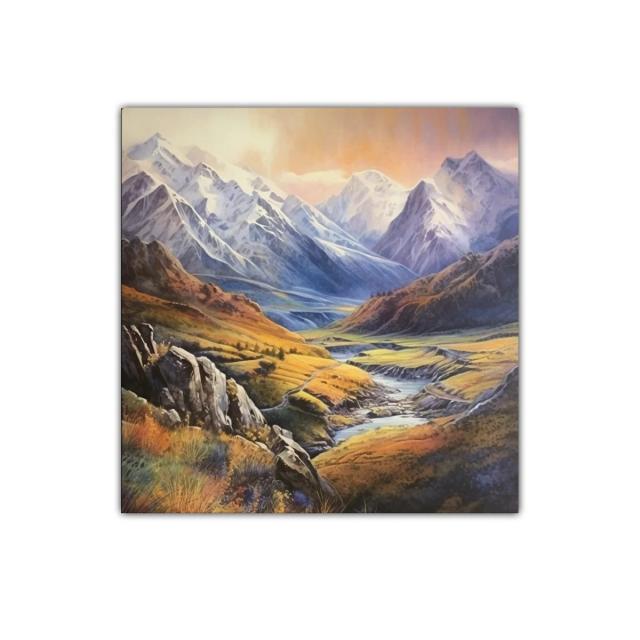 Paisaje de montaña con río en tonos otoñales y cielo al atardecer