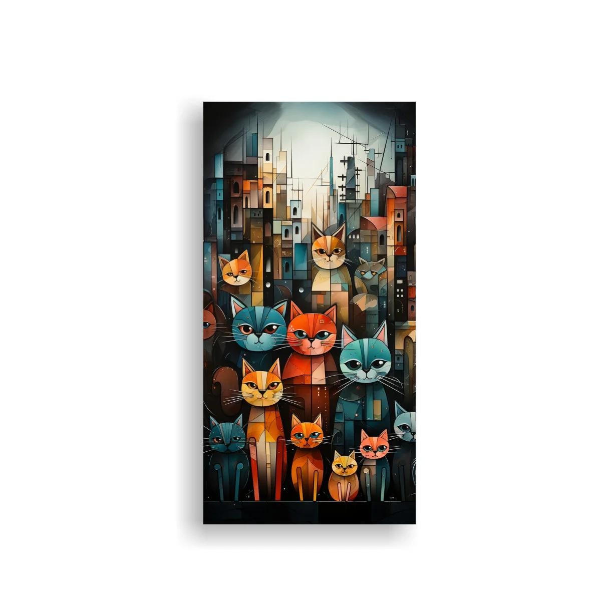 Cuadro de gatos geométricos con ciudad urbana