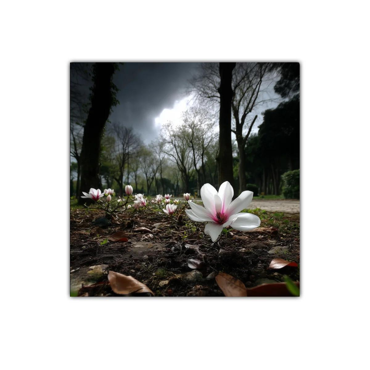 Flores blancas en bosque con luz tenue y atmósfera serena