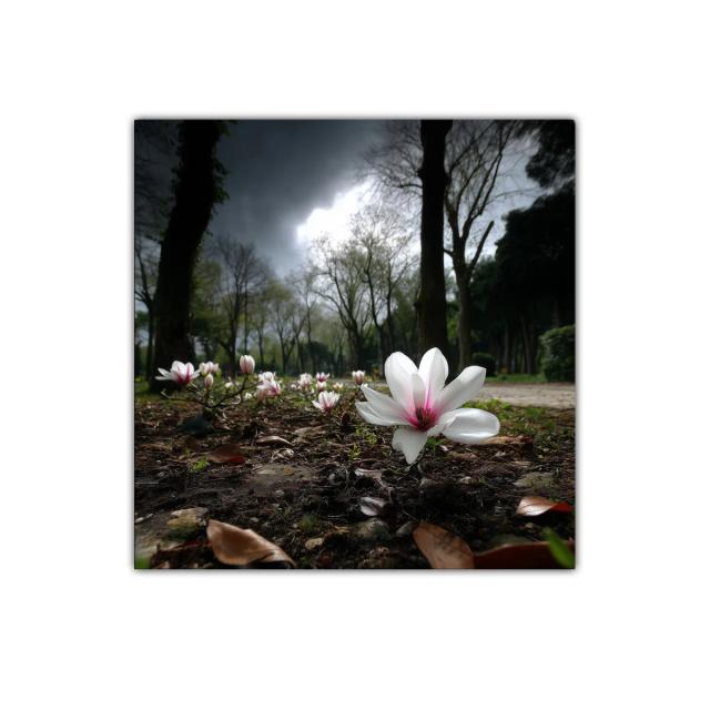 Flores blancas en bosque con luz tenue y atmósfera serena