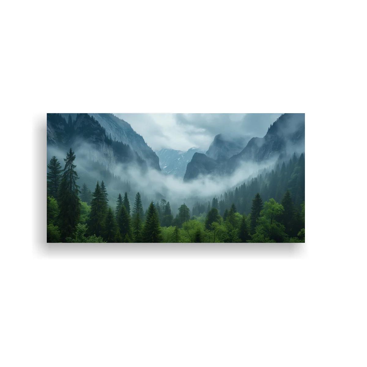 Cuadro bosque de pinos entre montañas con niebla