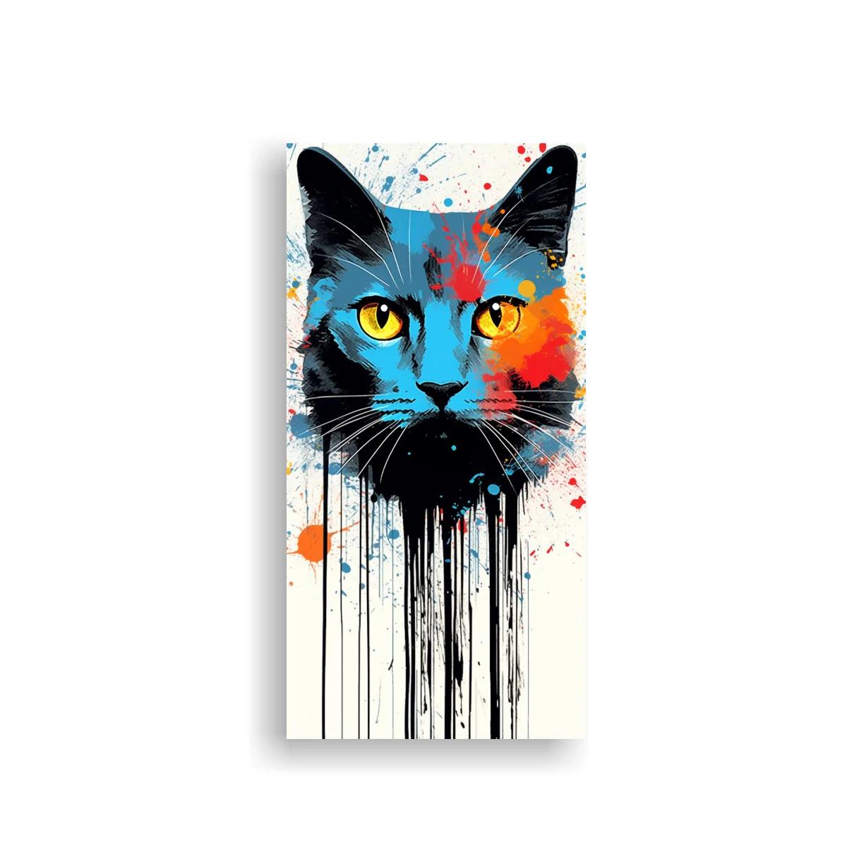 Cuadro rostro de gato negro con salpicaduras de pintura