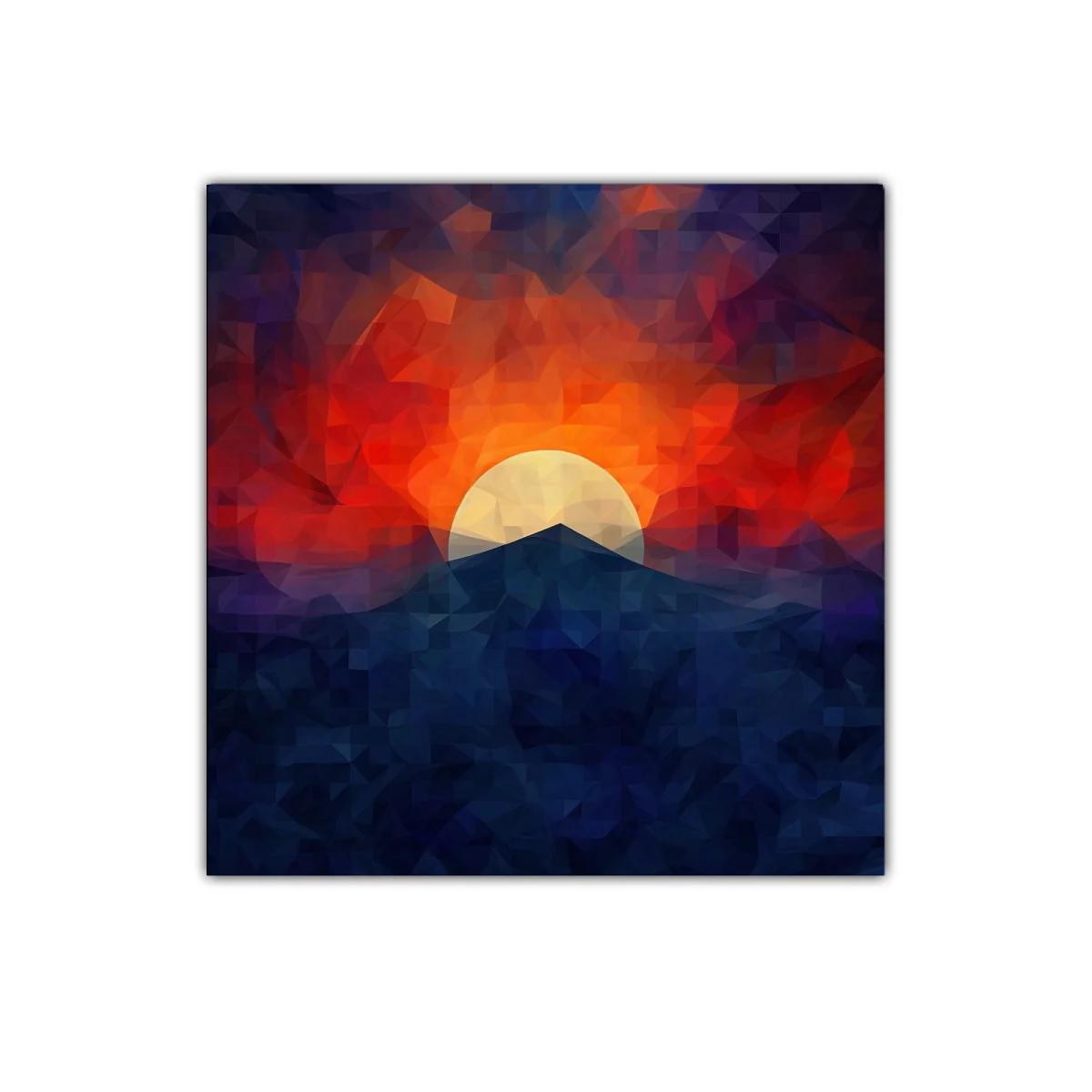 Atardecer geométrico con montaña y sol brillante