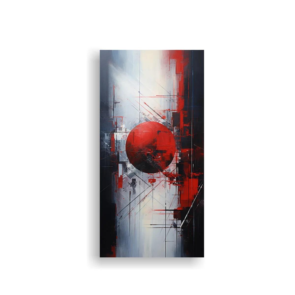 Cuadro círculo rojo abstracto con líneas finas y bloques oscuros — imagen principal