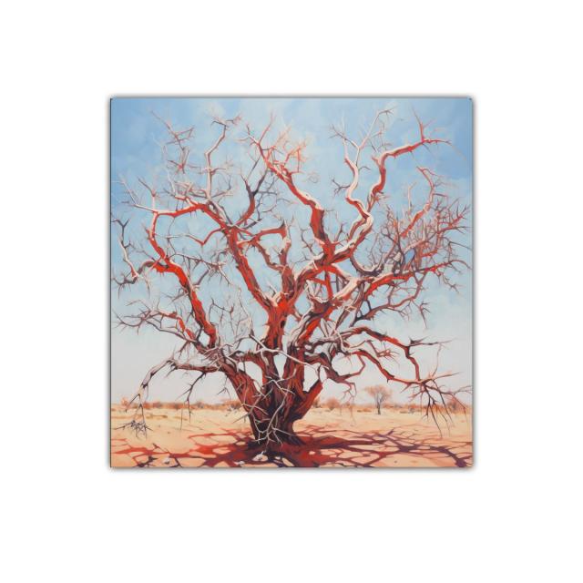 Árbol seco rojizo bajo cielo azul claro en paisaje árido