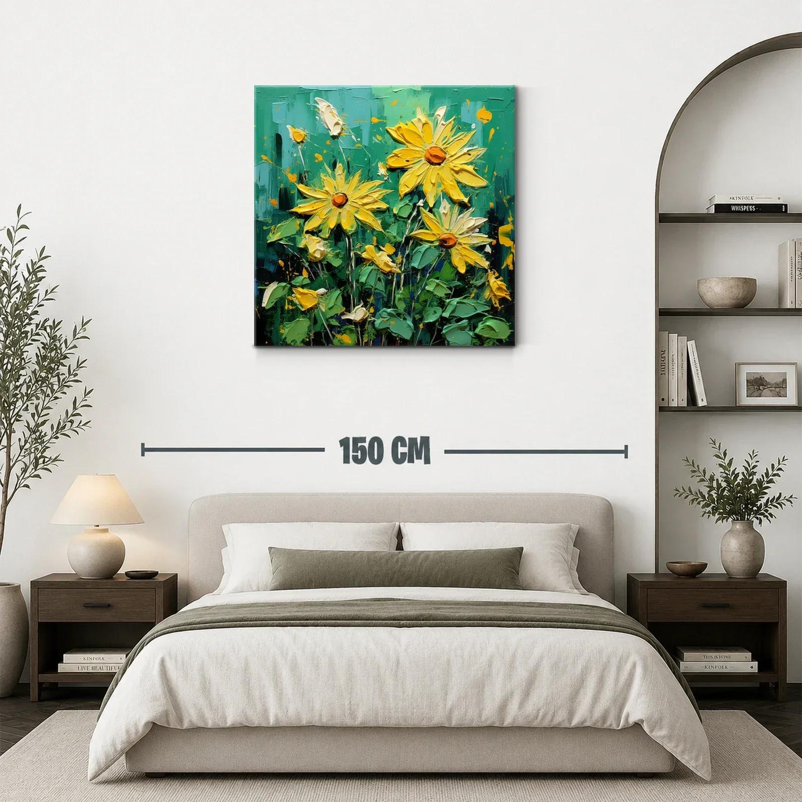 Cuadro vibrante con flores amarillas sobre fondo verde intenso — miniatura 3