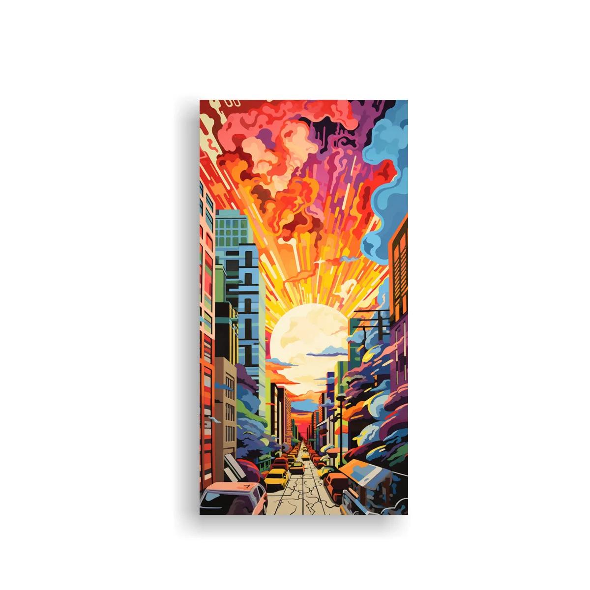 Cuadro puesta de sol urbana con sol grande y rayos intensos