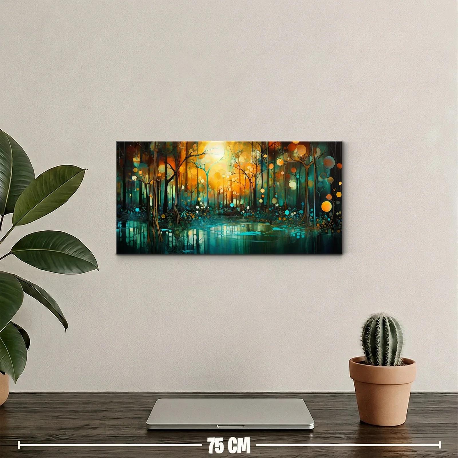 Cuadro bosque junto a un lago con luces doradas — miniatura 2