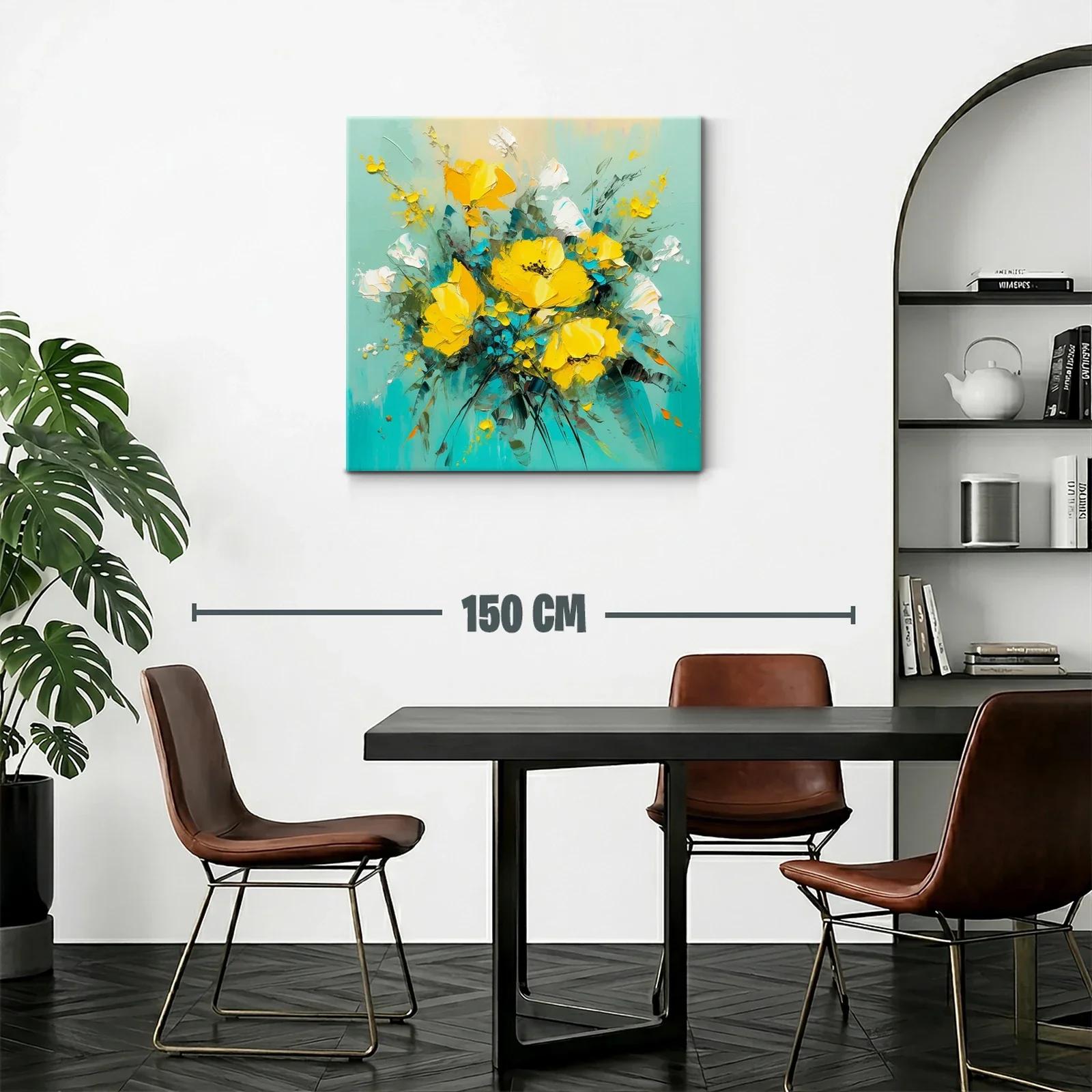 Cuadro moderno con ramo de flores amarillas y fondo turquesa — miniatura 2