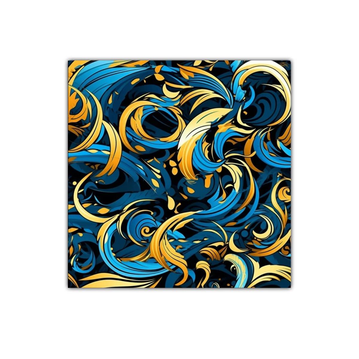 Cuadro decorativo con vibrantes formas abstractas en azul y dorado
