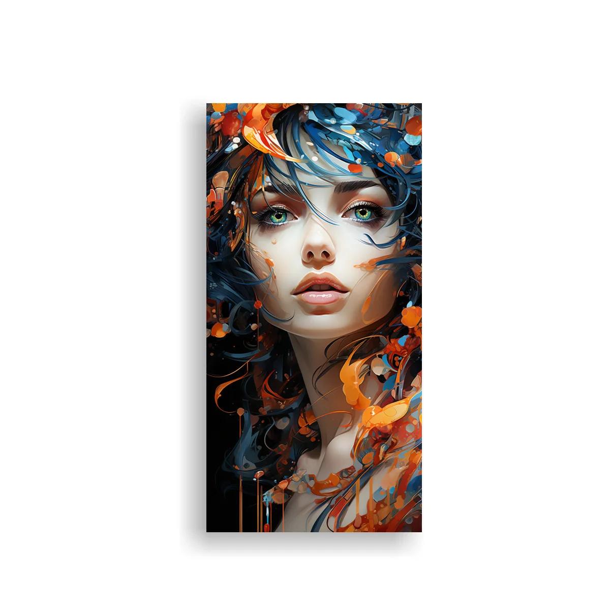 Cuadro rostro de mujer de ojos verdes con cabello azul y pétalos