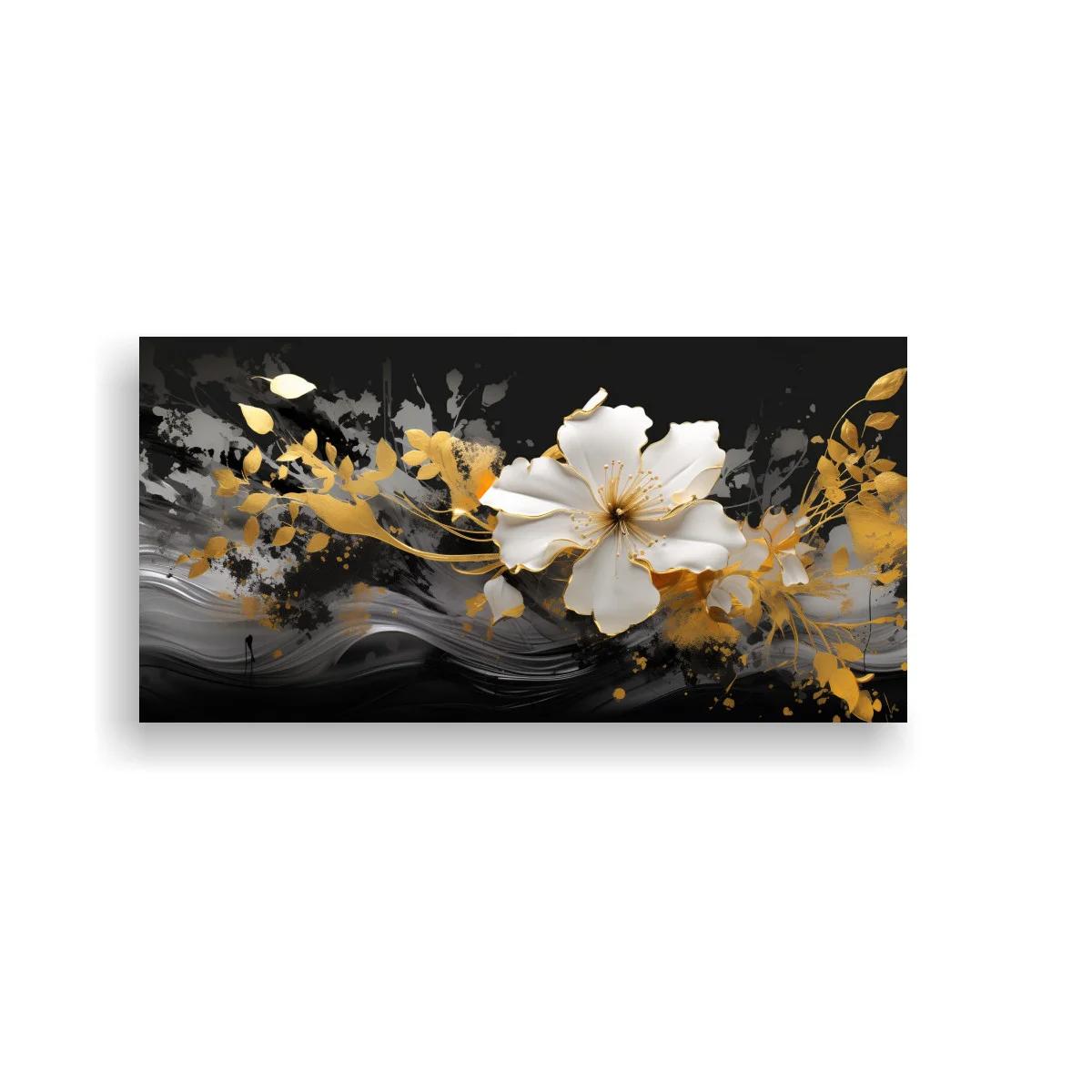 Cuadro flor blanca con ramas doradas