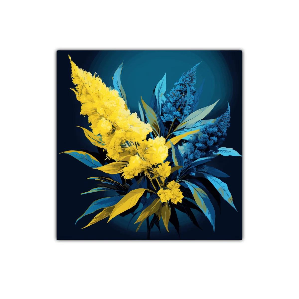 Cuadro decorativo con ramo floral en tonos azul y amarillo — imagen principal