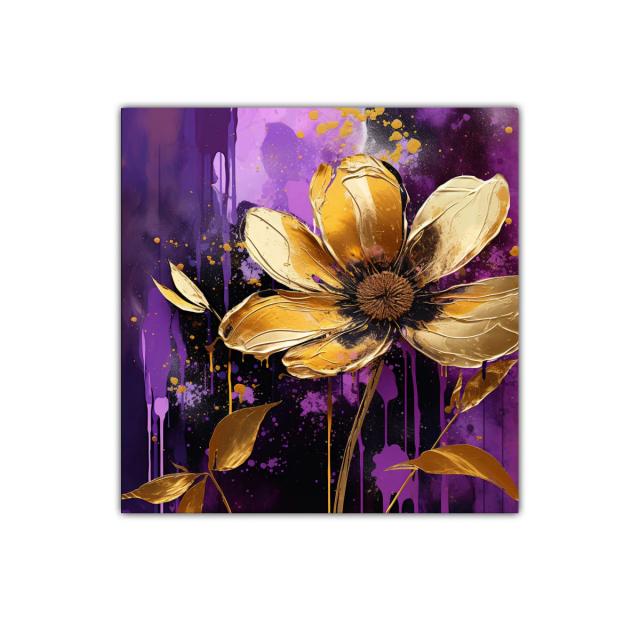 Cuadro decorativo con flor dorada sobre fondo violeta intenso