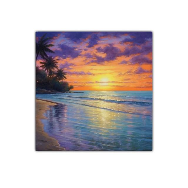 Atardecer tropical con palmeras y reflejos marinos