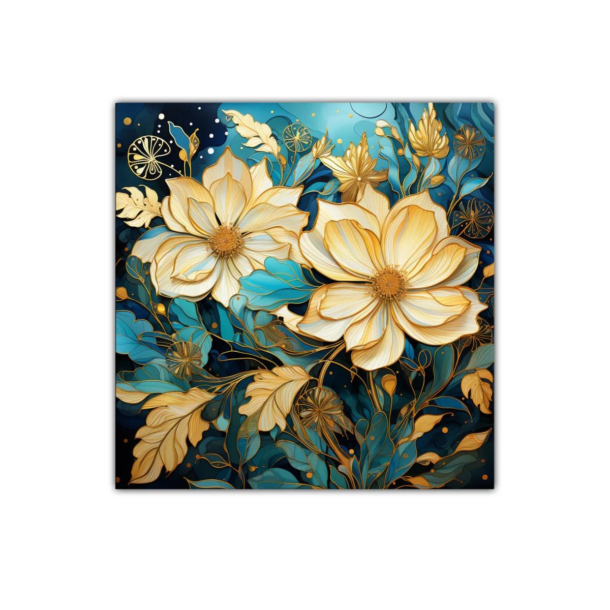 Cuadro floral elegante con tonos dorados y azules profundos