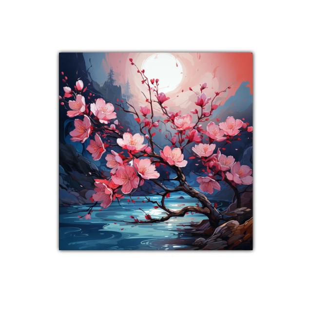 Rama de flores rosas bajo la luna en paisaje sereno