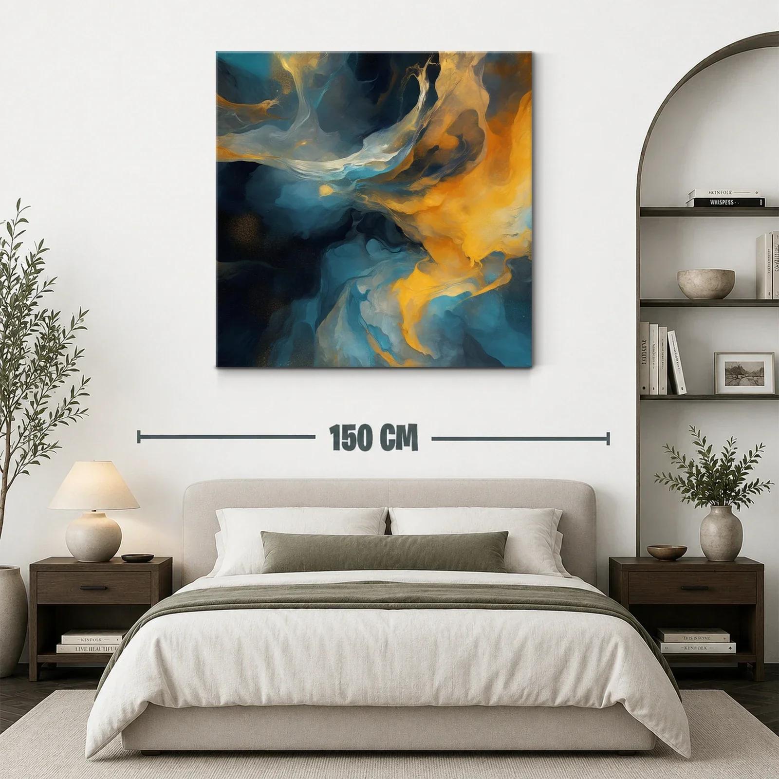 Cuadro abstracto con tonos azules y dorados vibrantes — miniatura 3