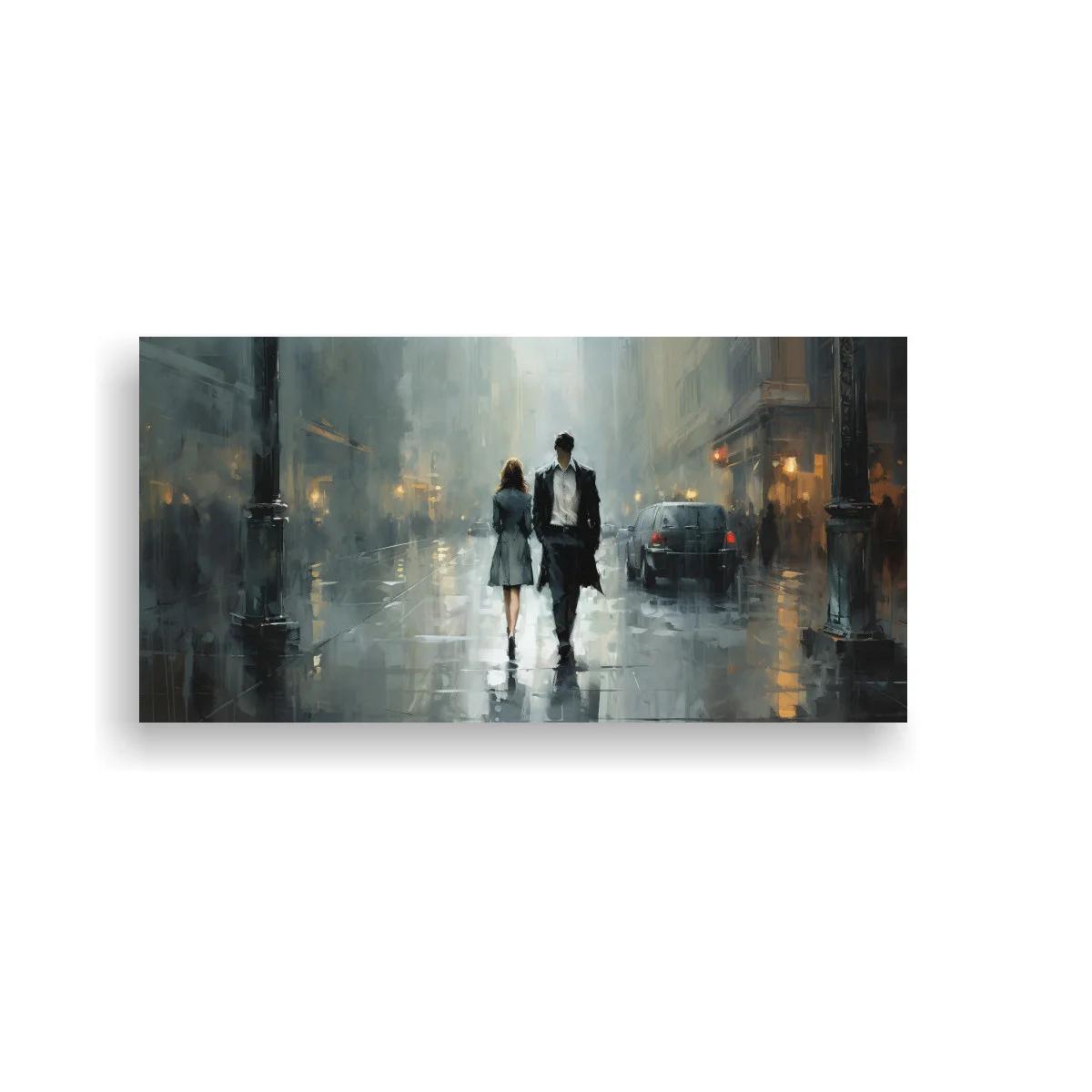 Cuadro pareja caminando bajo la lluvia con reflejos urbanos