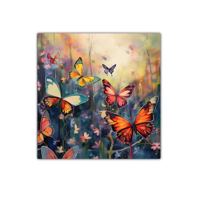 Cuadro colorido de mariposas en bosque encantado