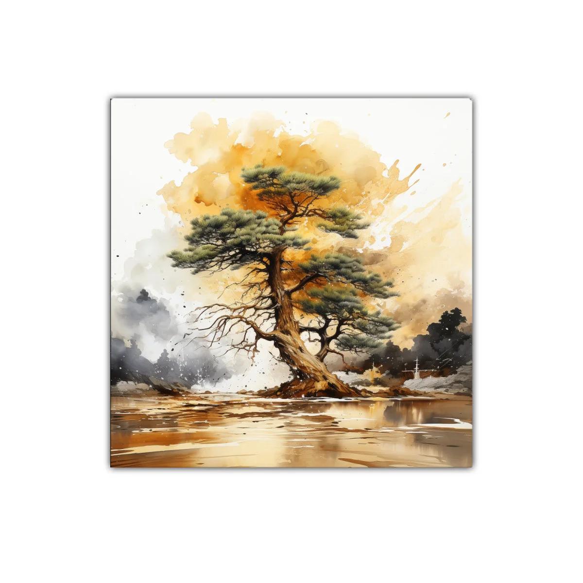 Árbol solitario sobre paisaje al atardecer dorado — imagen principal
