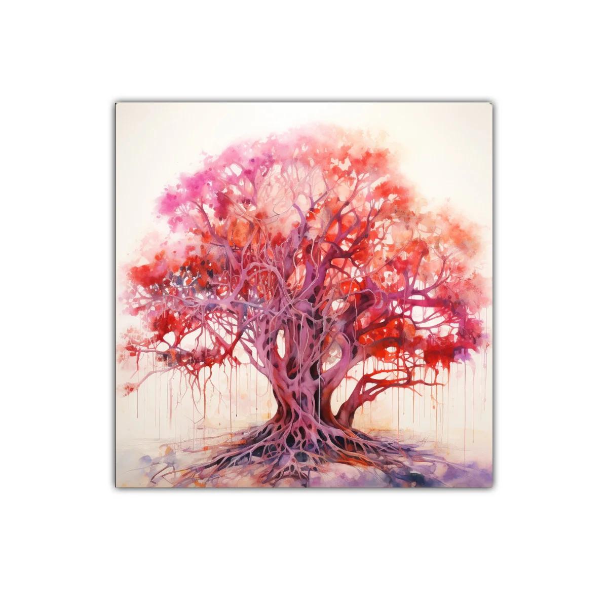 Árbol vibrante en tonos rojos y púrpuras llenos de vida
